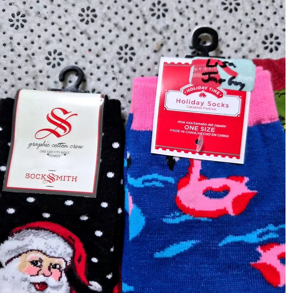 NWT 3 Pairs Novelty Christmas Socks‎ Santa Flamingo Grinch Adult Crew